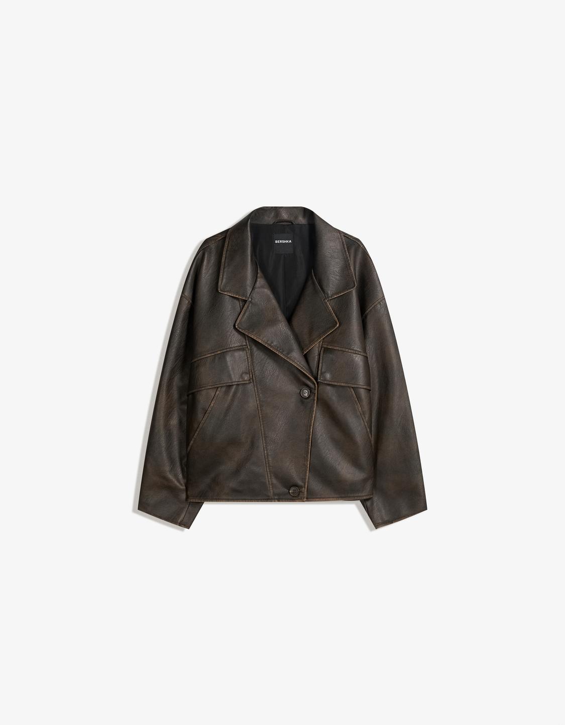 Leather effect jacket with lapel collar