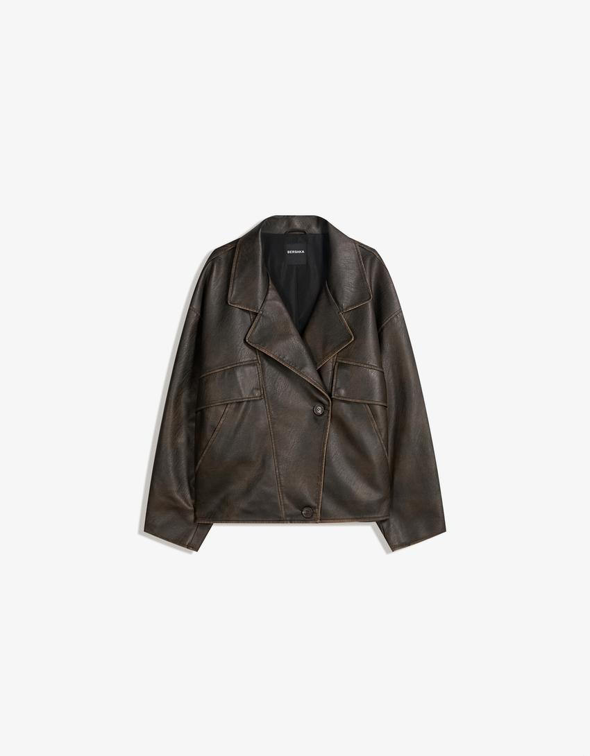 Veste en similicuir à revers-Marron