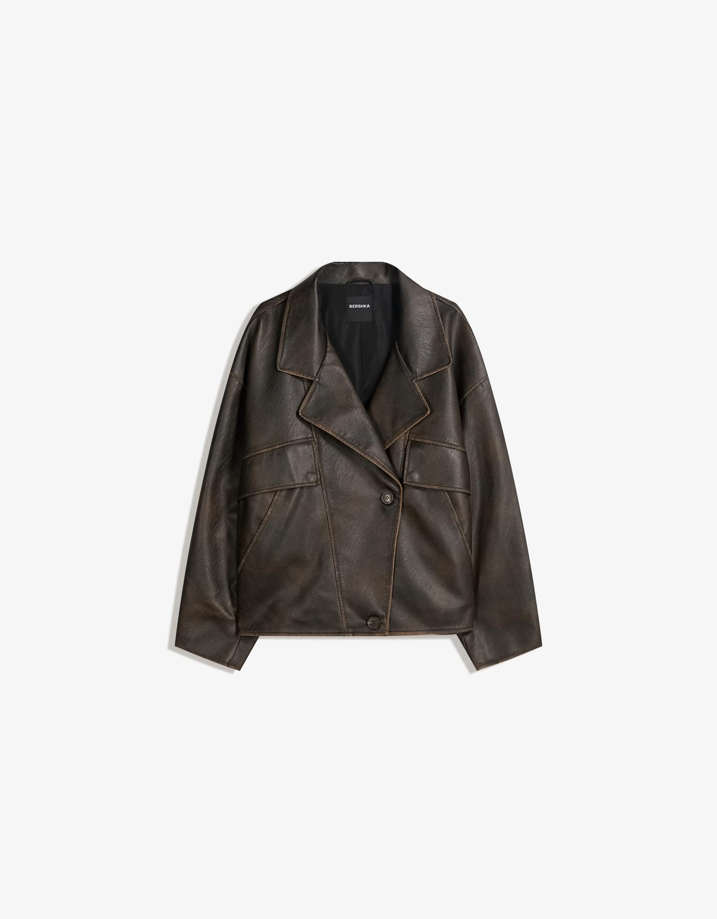 Bershka Cazadora Efecto Piel Solapa Mujer M-L Marrón