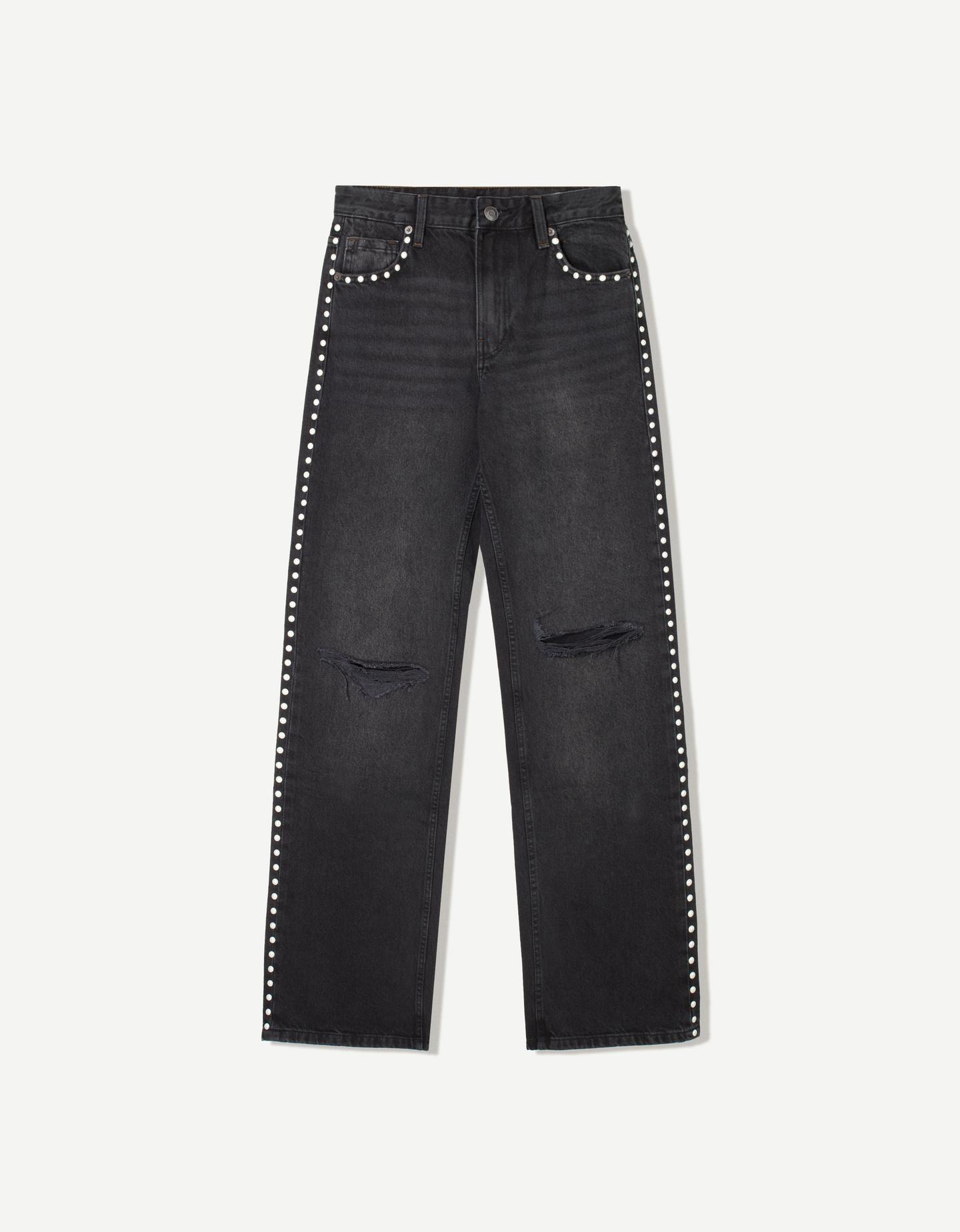 Bershka Jeans Wide Leg Rotos Tachas Mujer 44 Negro