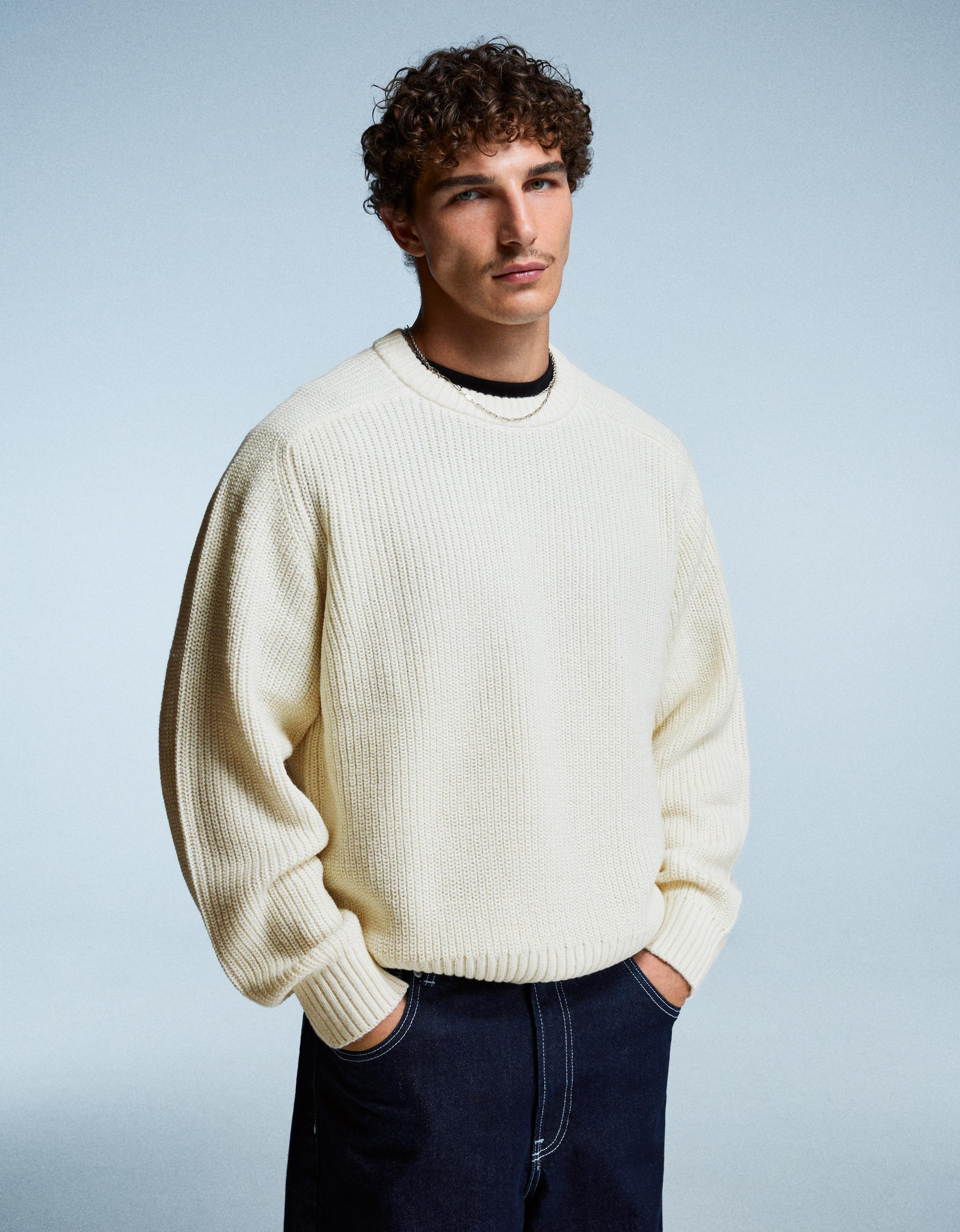 Bershka Perlstrickpullover Mit Wolle Herren M Grbrochenes Weiss