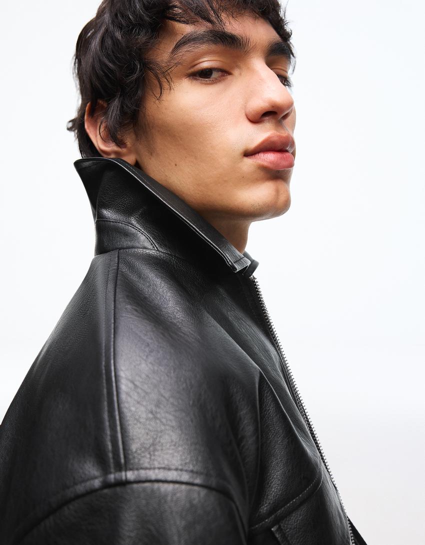 Boxy leather effect jacket-Black