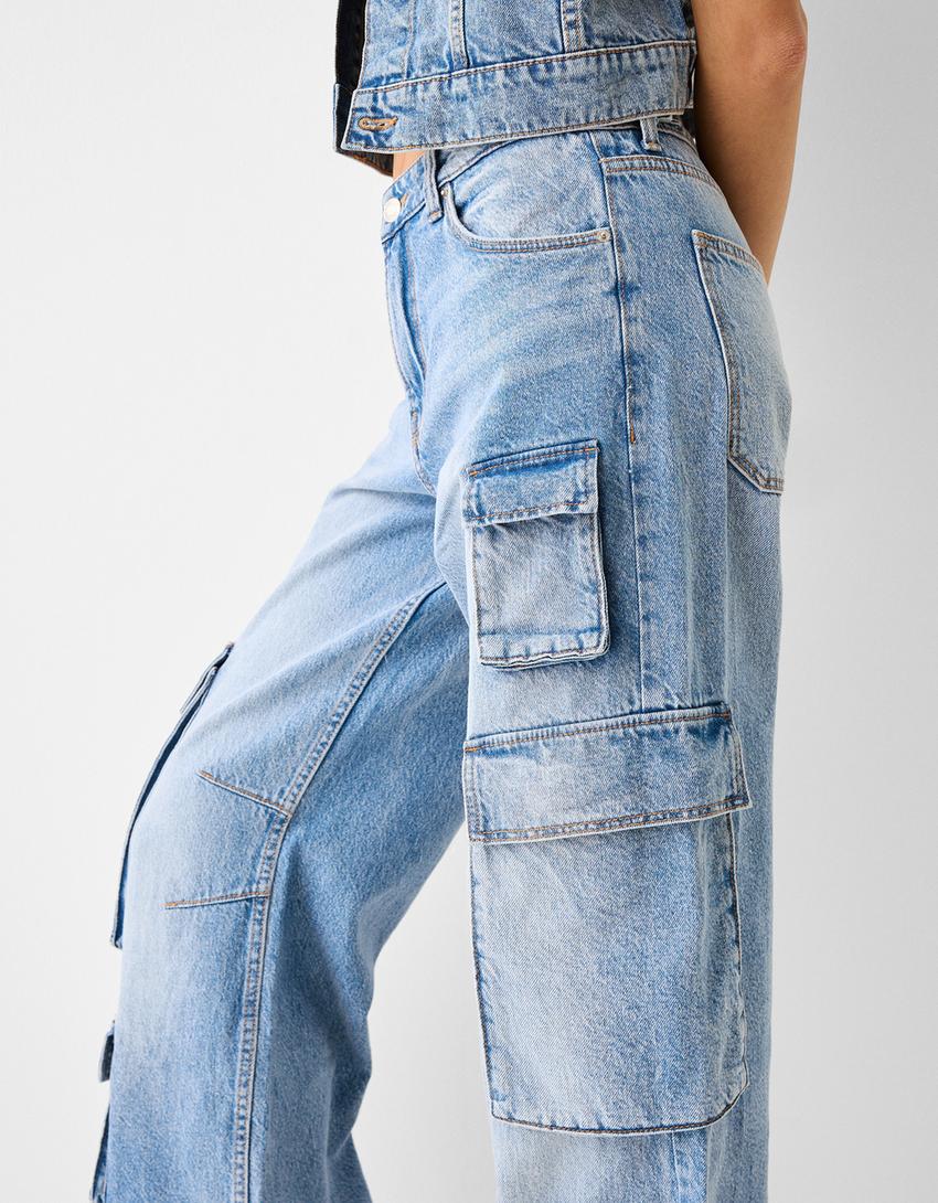 Multi-pocket cargo jeans-Light blue-3