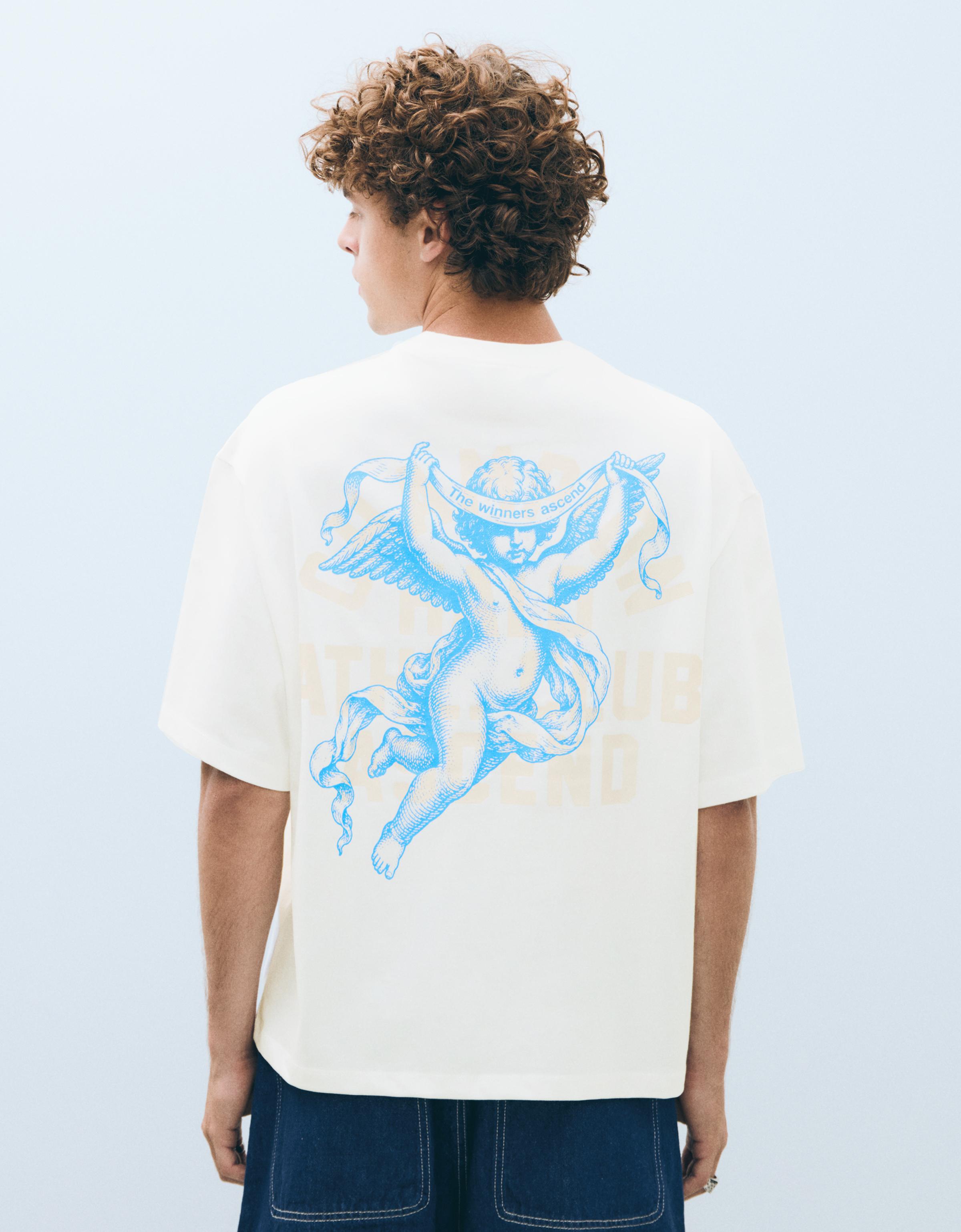Bershka Camiseta Manga Corta Boxy Print Hombre Blanco Roto