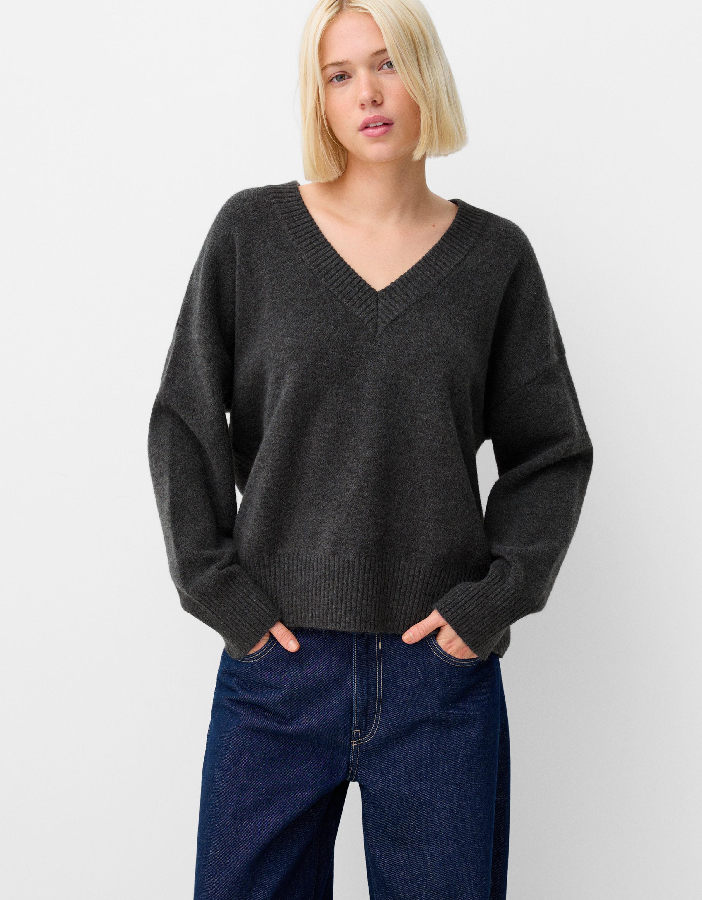 Bershka Oversize-Pullover Mit V-Ausschnitt Damen Xs Grau