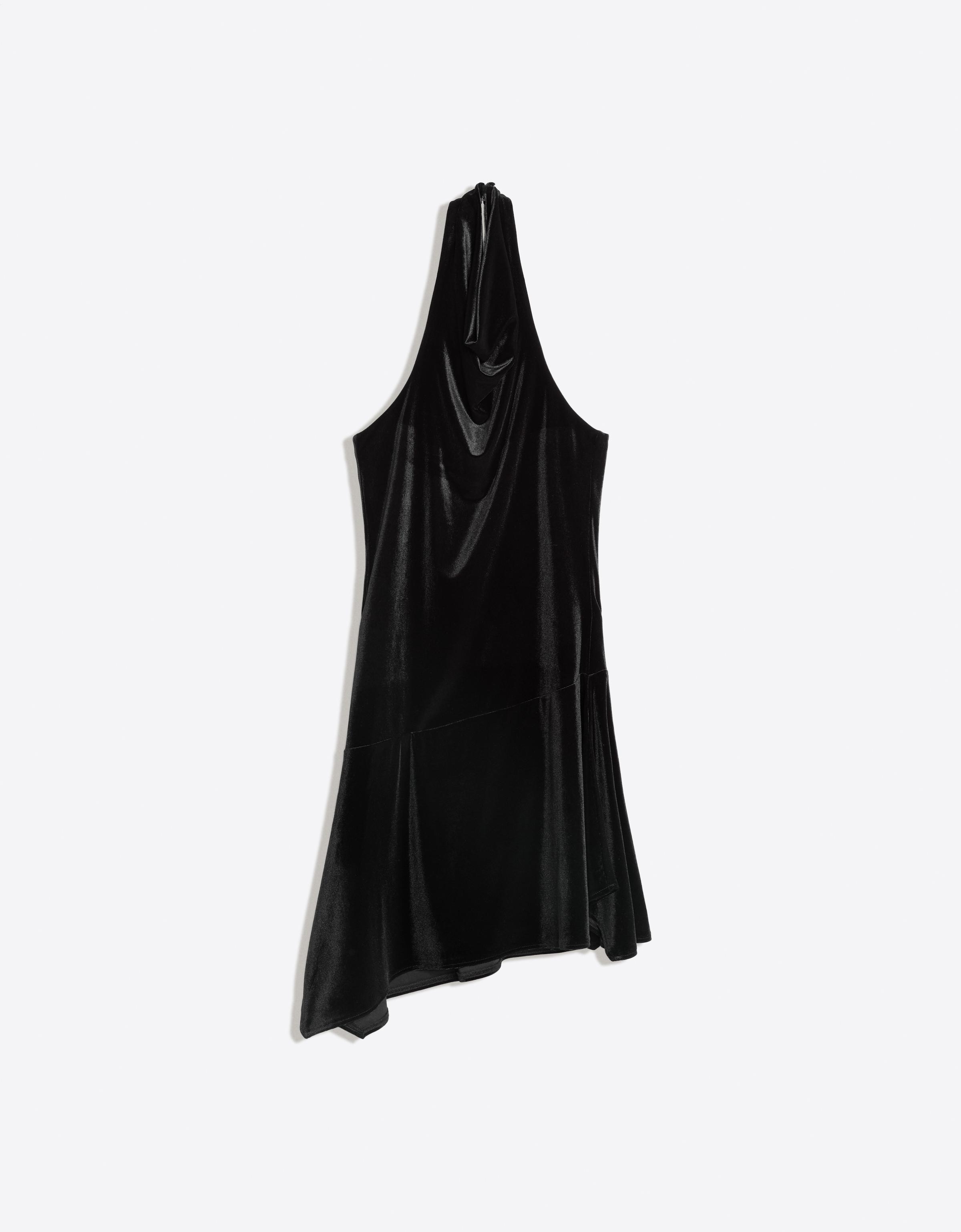 Bershka Aksamitna Sukienka Mini Typu Halter Z Drapowaniem Kobieta Czarny