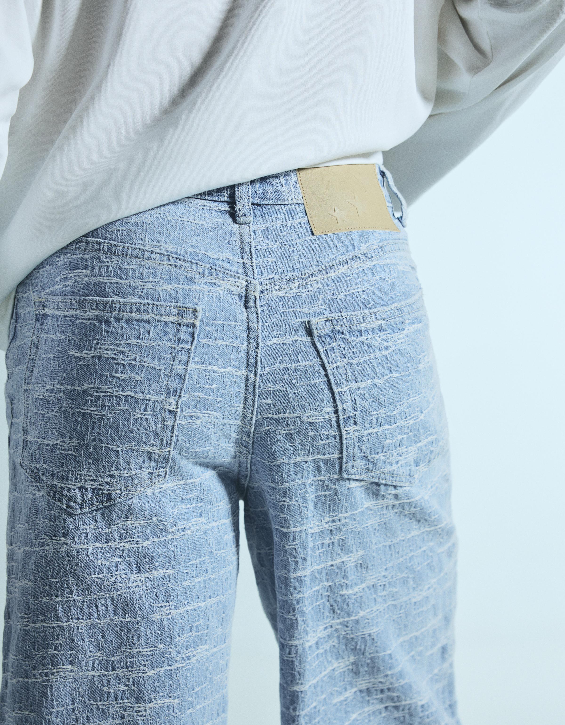 Super baggy textured denim Bermuda shorts — Light blue
