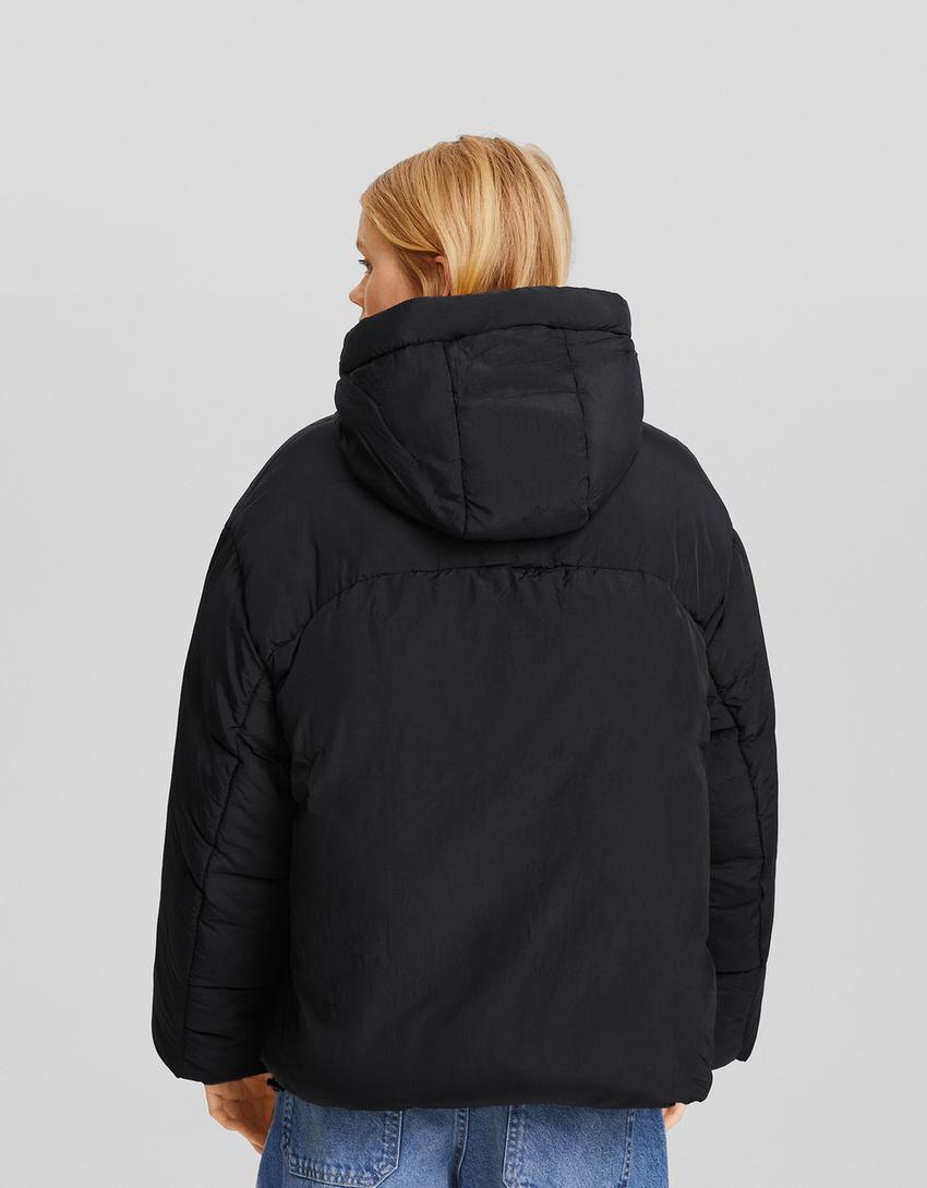 Nylon quilted jacket with hood-Black-1
