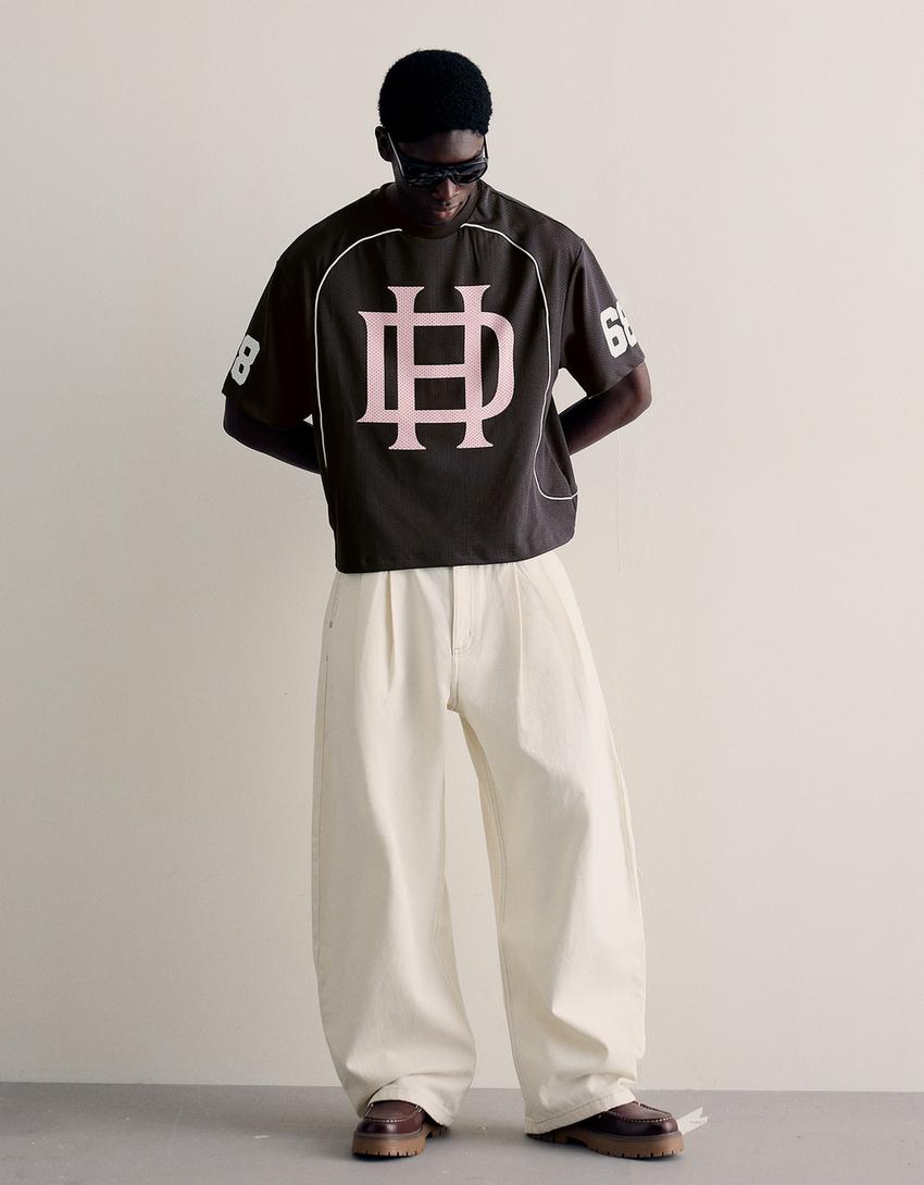 Kısa kollu file baskılı tişört-Gri