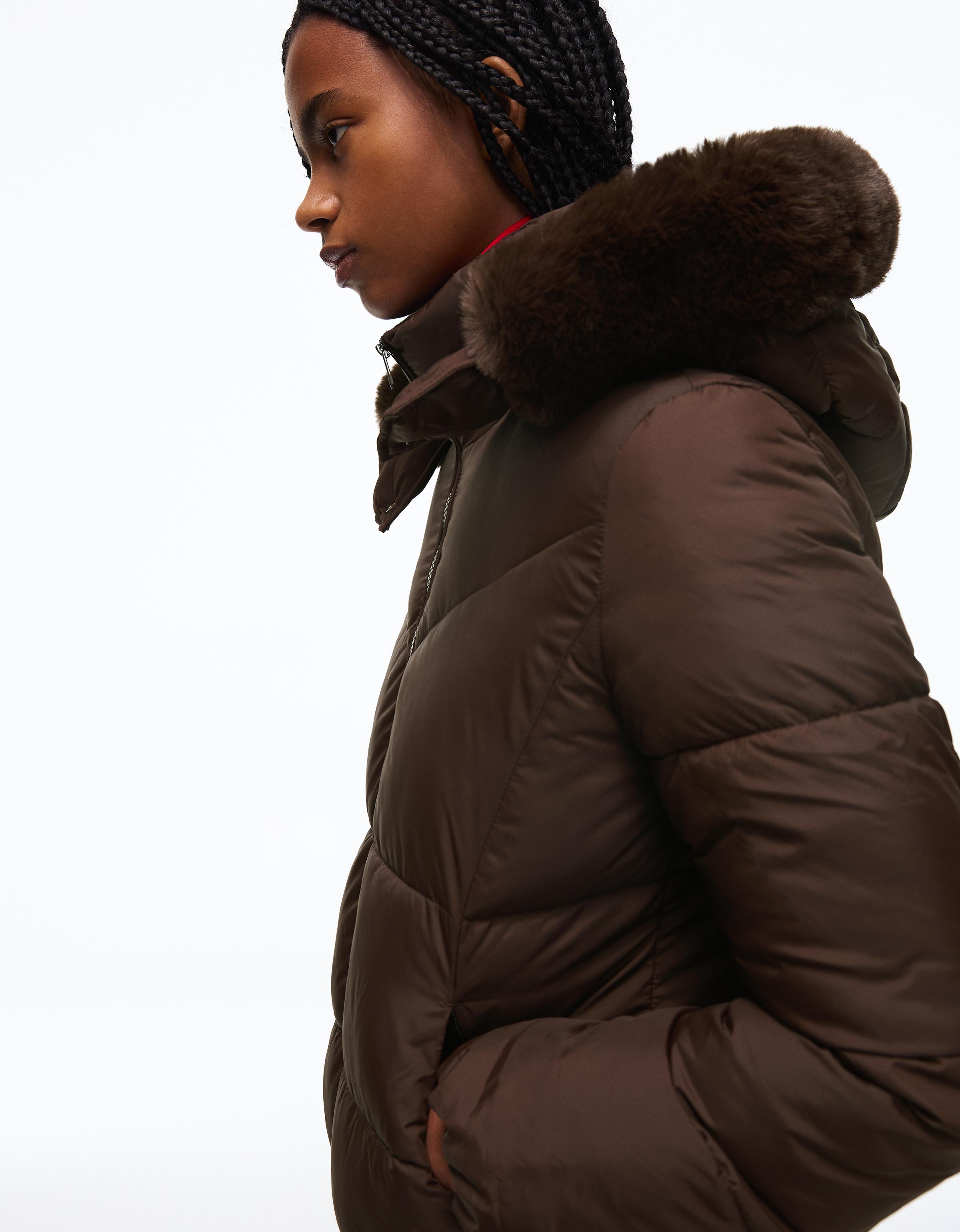 Padded jacket with fur hood — Brown