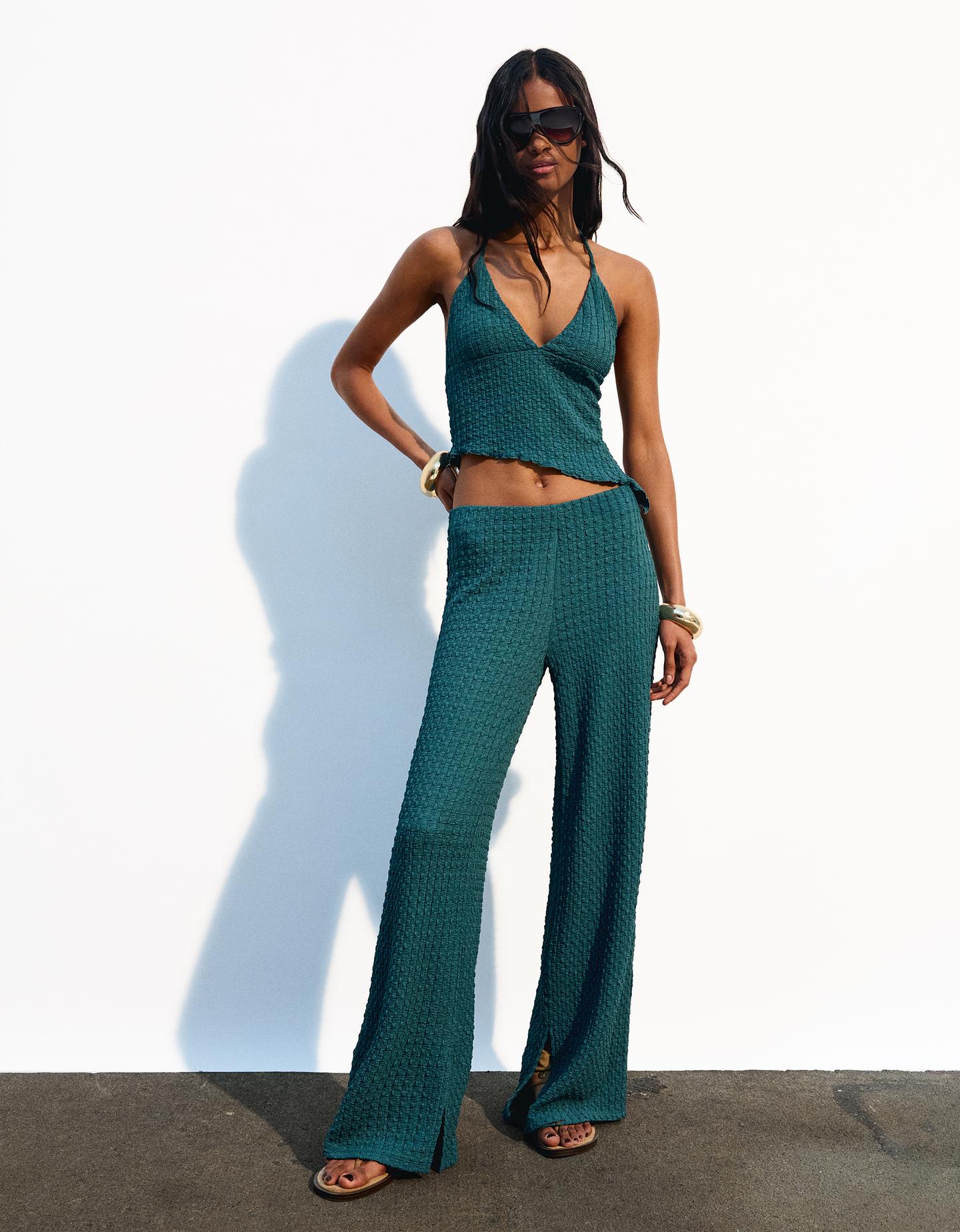 Bershka Pantalón Wide Leg Mujer M Verde