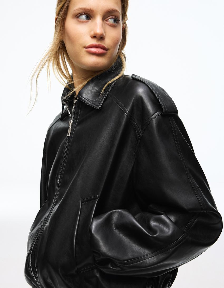Balloon faux leather jacket-Black