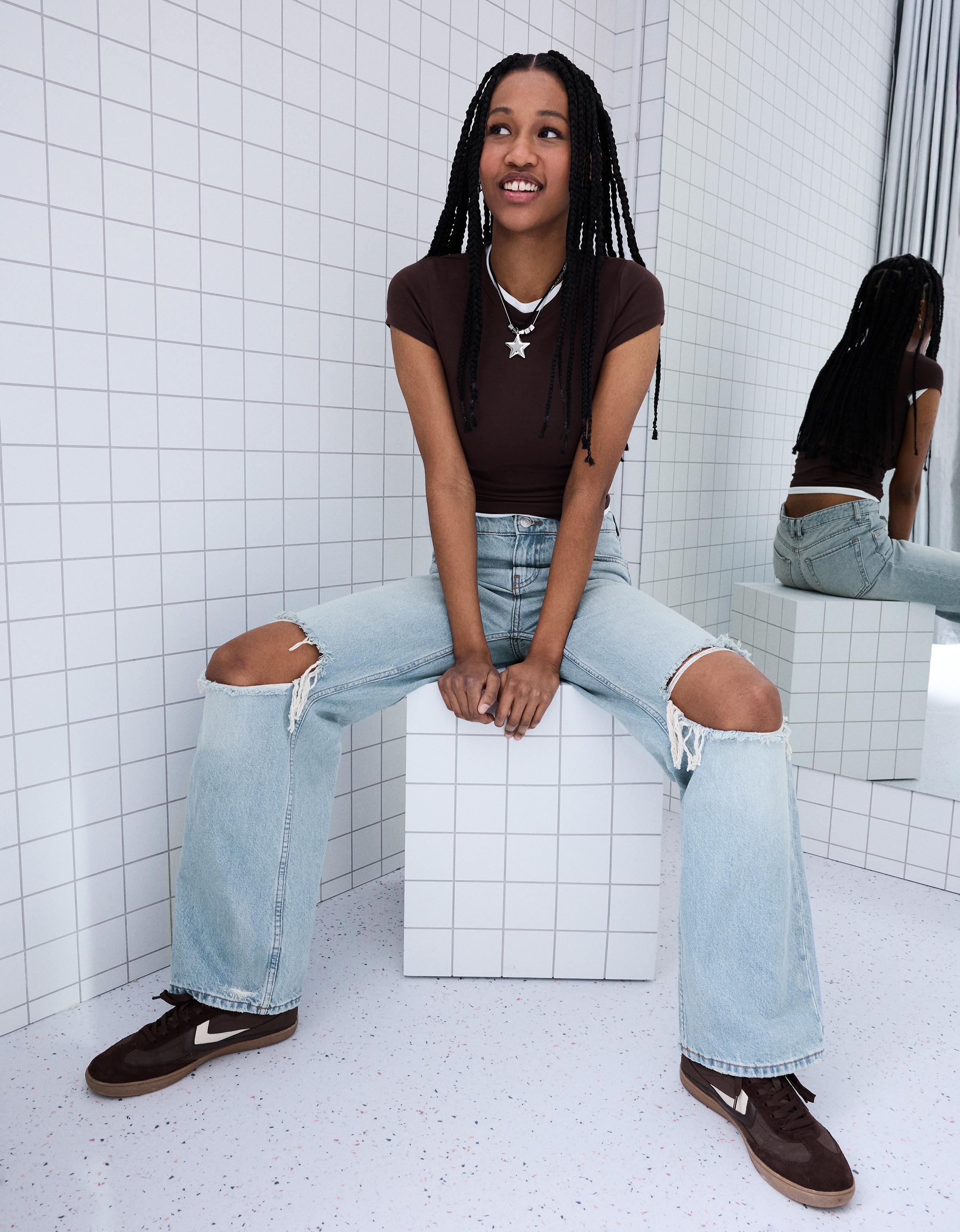 Yüksek bel distressed geniş paça jean - Görsel 27