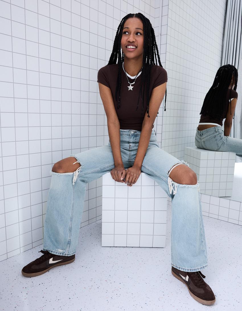 Jeans a gamba larga vita alta strappati-Azzurro Chiaro