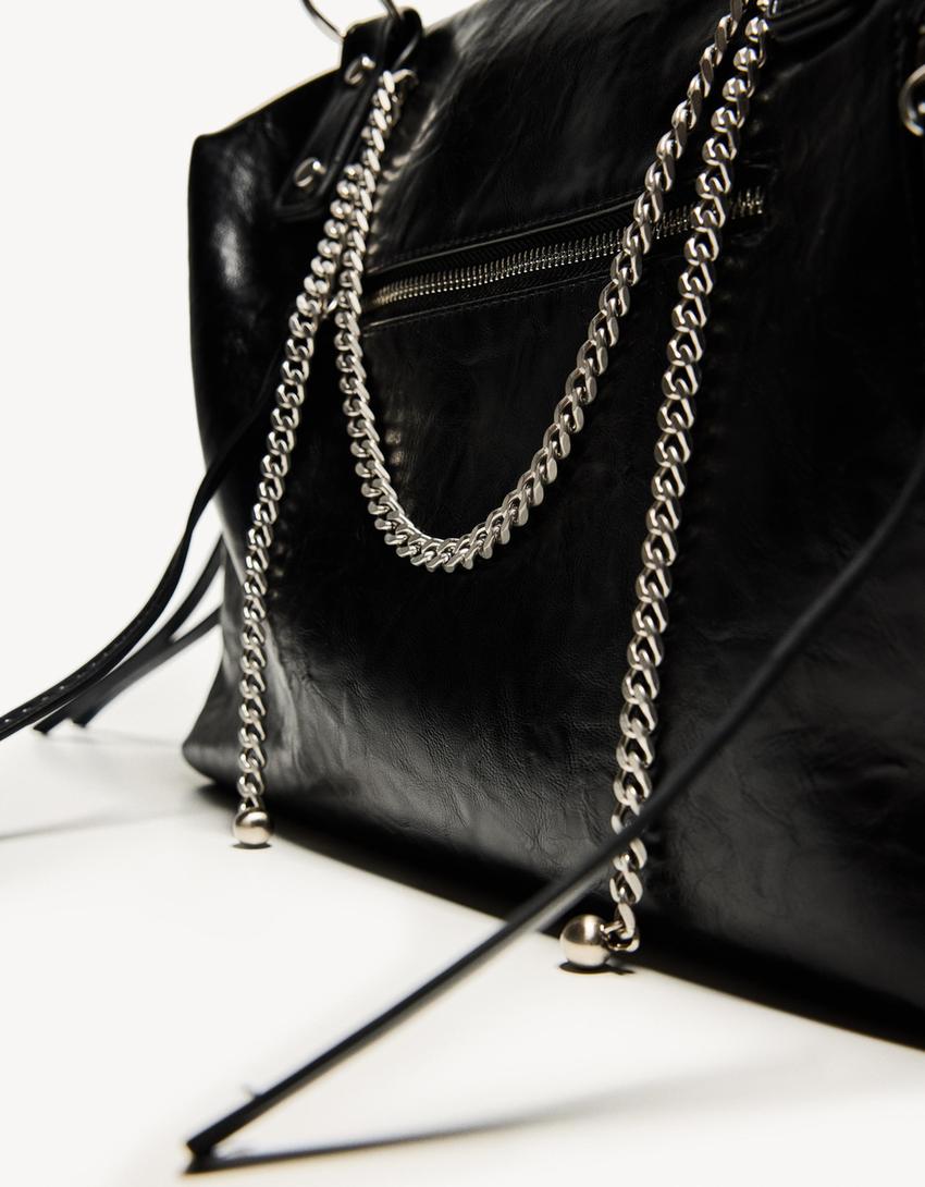 Bolso efecto piel cadena-Negro