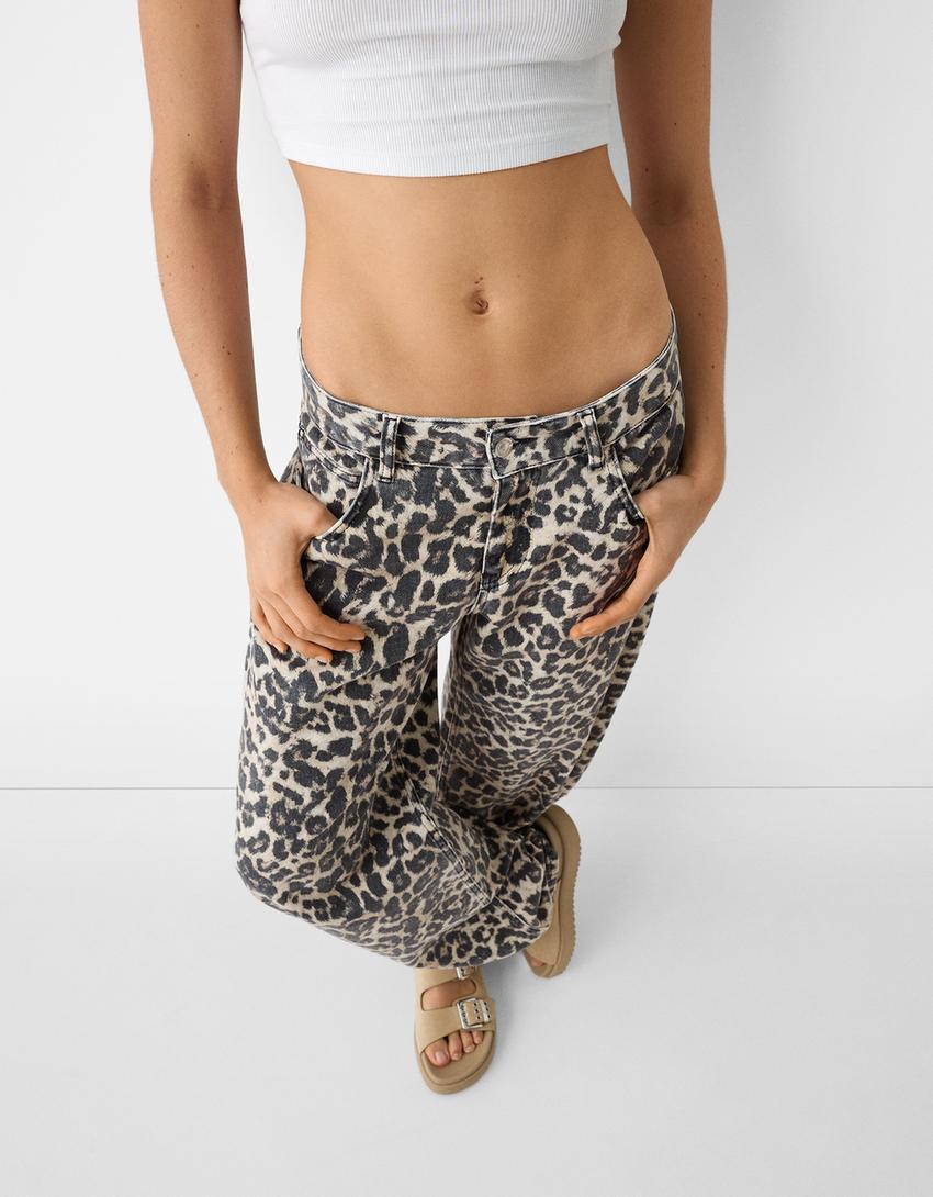 Balloon fit animal print baggy jeans-Beige