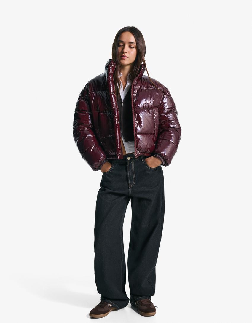 Vinyl-effect puffer jacket-Burgundy-2