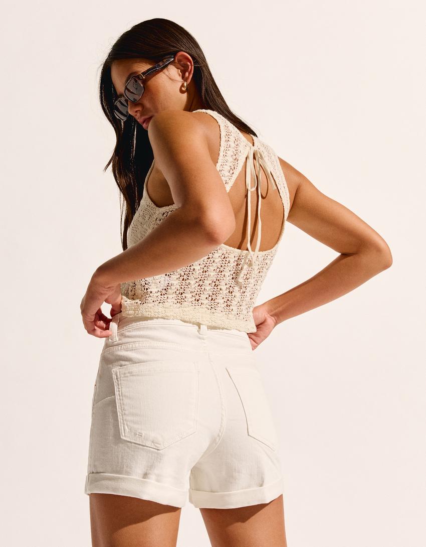 Roll-up denim shorts-White