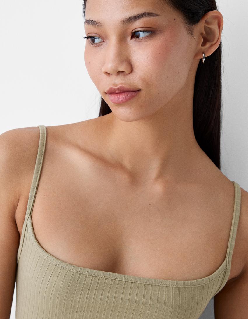 Vestido curto alças nervuras-Bege-3