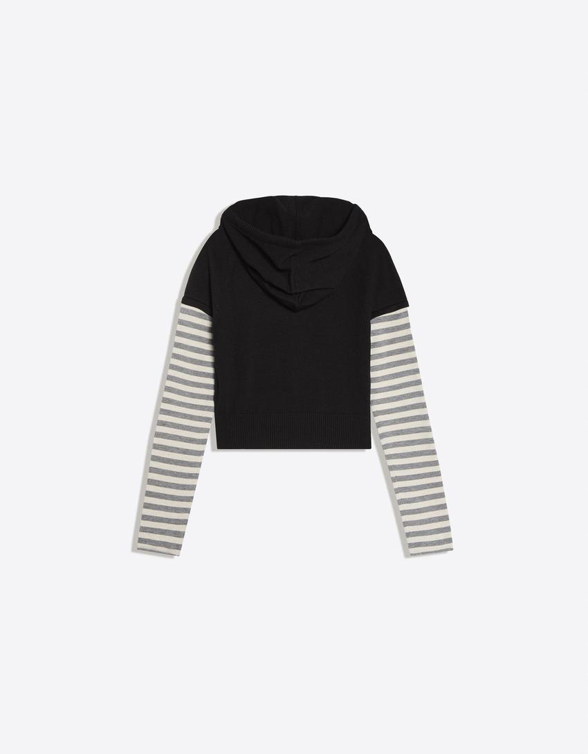 Contrast sleeve hoodie-Black