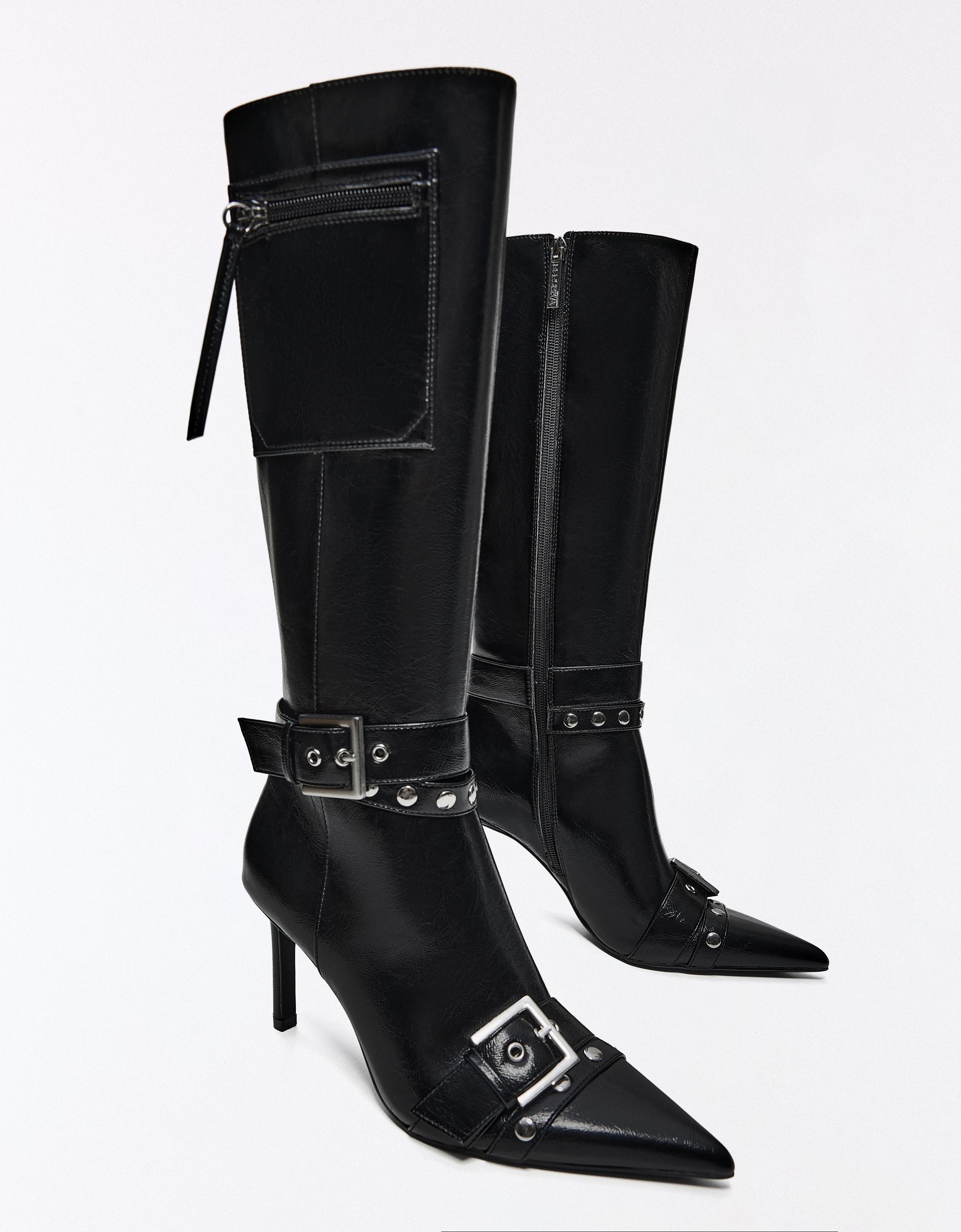Heeled boots with buckle detail — BLACK