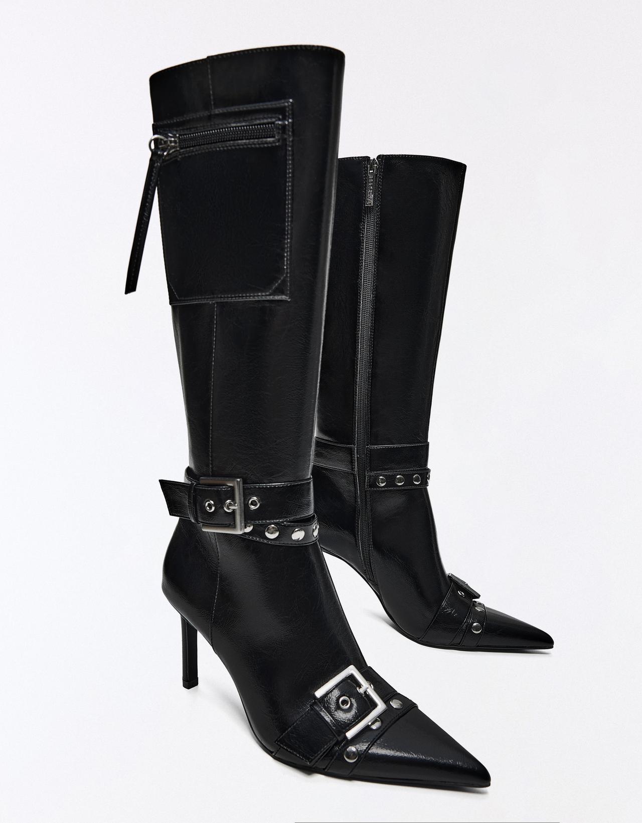 Heeled boots with buckle detail — BLACK