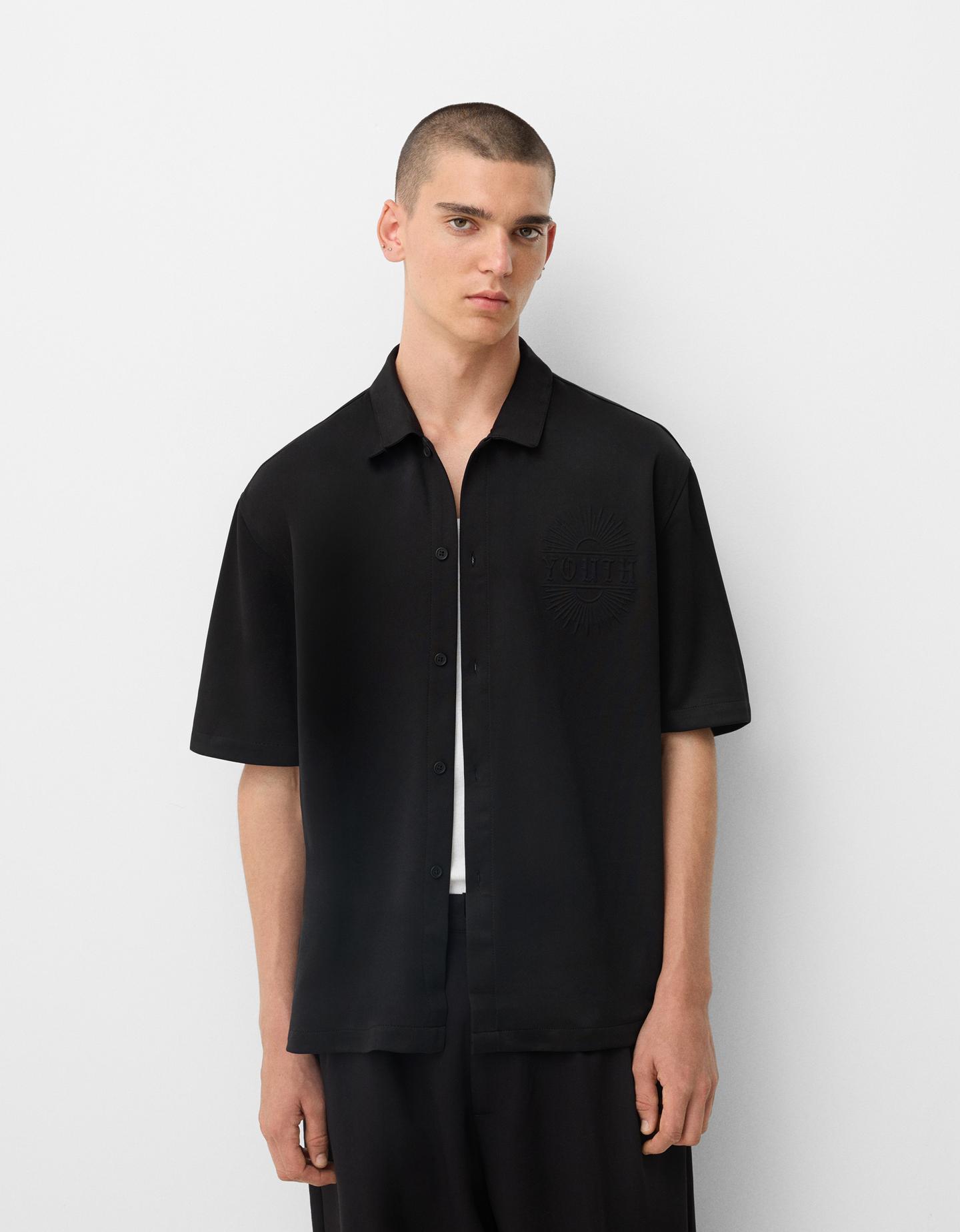 Bershka Camisa Manga Corta Relax Relieve Hombre L Negro