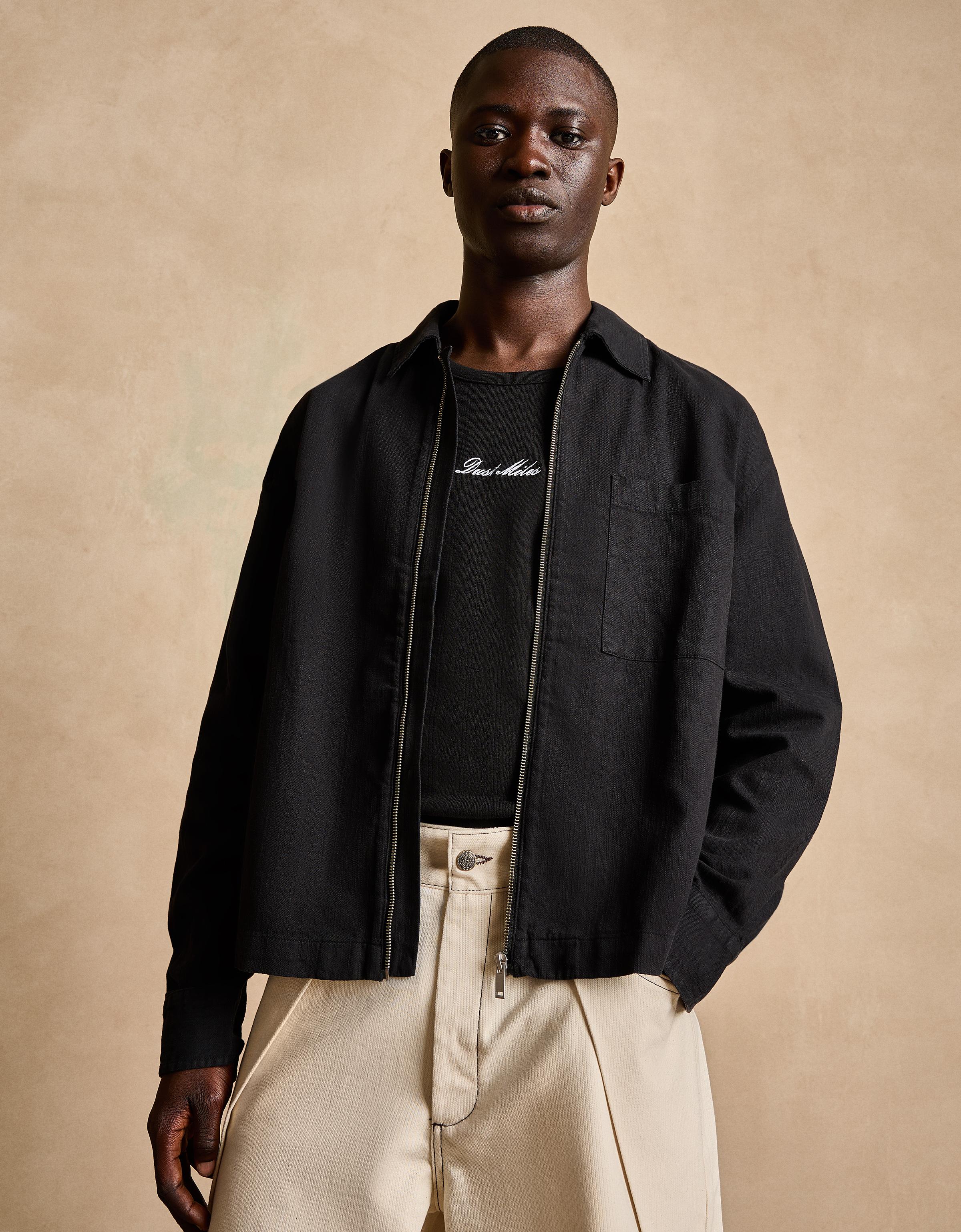 Bershka Sobrecamisa Cremallera Con Lino Hombre L Negro