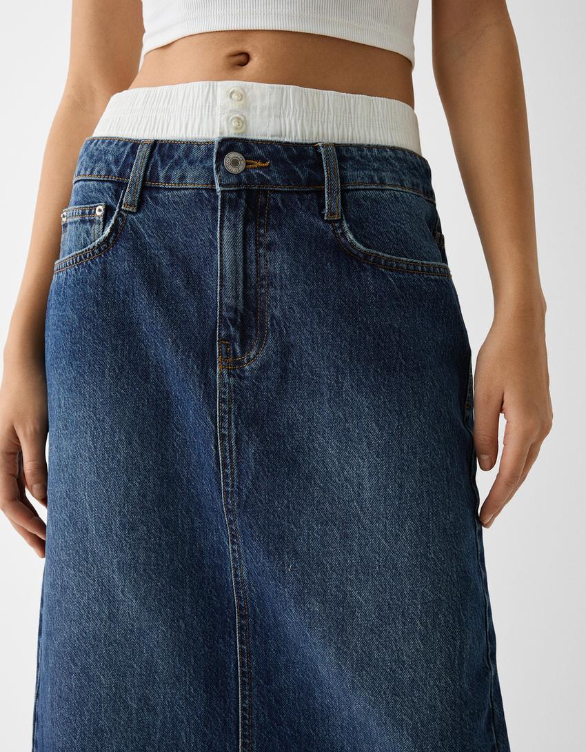 تنورة متوسطة الطول دنيم بسروال داخلي-أزرق-3