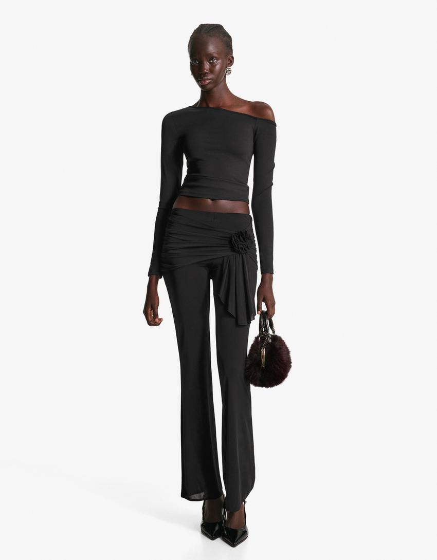 Floral draped bell bottom trousers-Black