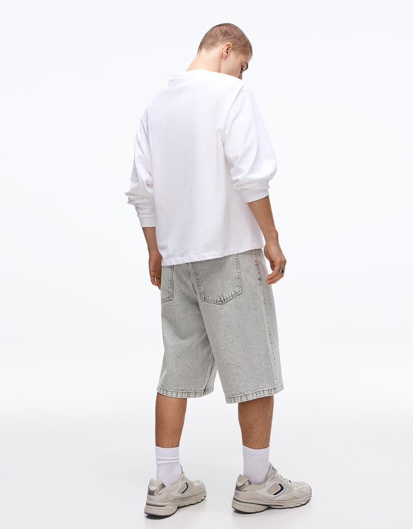 Baggy denim Bermuda shorts-Grey