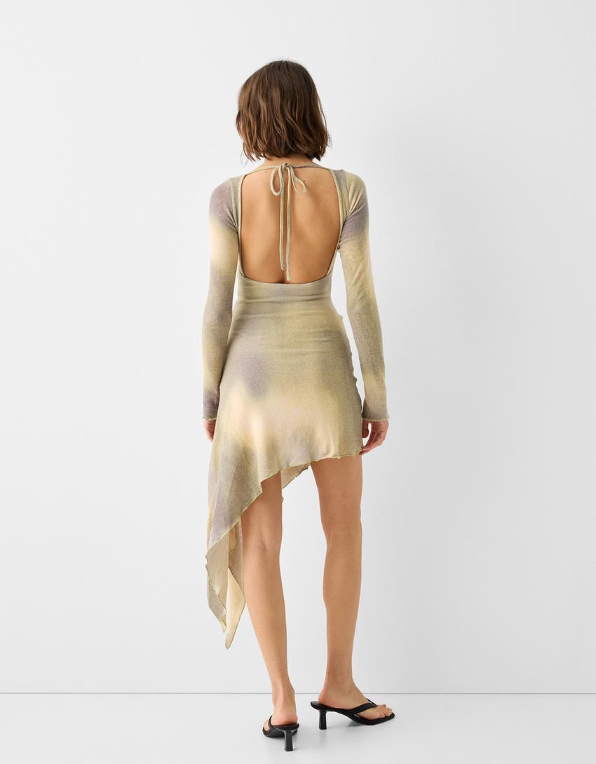 Vestido midi manga comprida assimétrico tie-dye-Verde-2