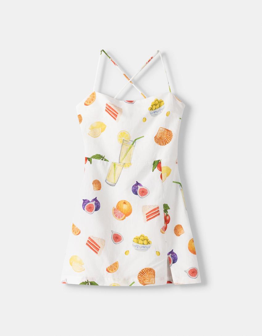 فستان قصير مطبوع من مزيج كتان-بيج-5