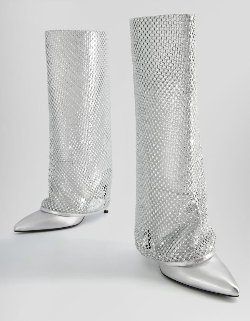 بوت لامع بكعب رفيع-فضي