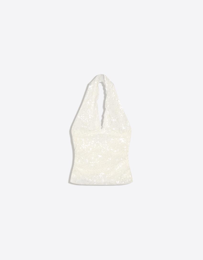 Bieliźniany top halter z cekinami-Kremowy