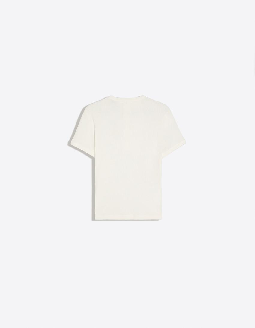 T-shirt texturé col tunisien-Blanc