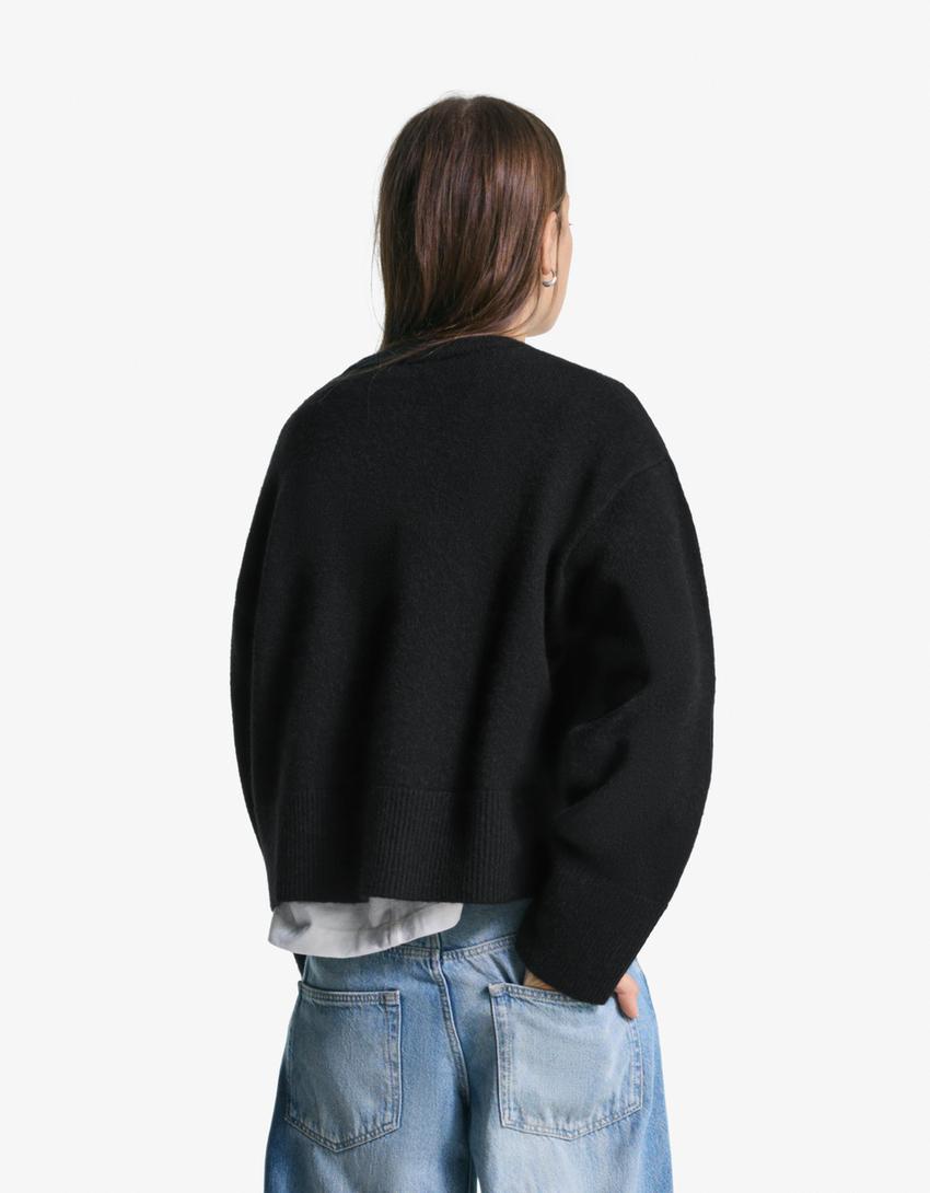 Oversized trui met ribcord zoom-Zwart-2