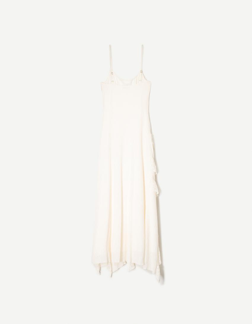 Ruffled maxi dress with blonde lace-Cream