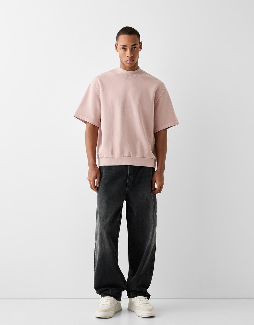 Short sleeve faded-effect plush T-shirt with interlocking and ribbed trims-Pink-3