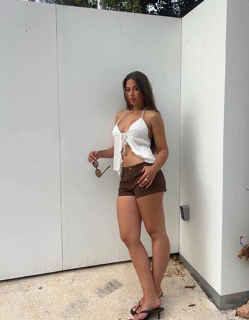 Top de alças halter com folhos-Cru-2
