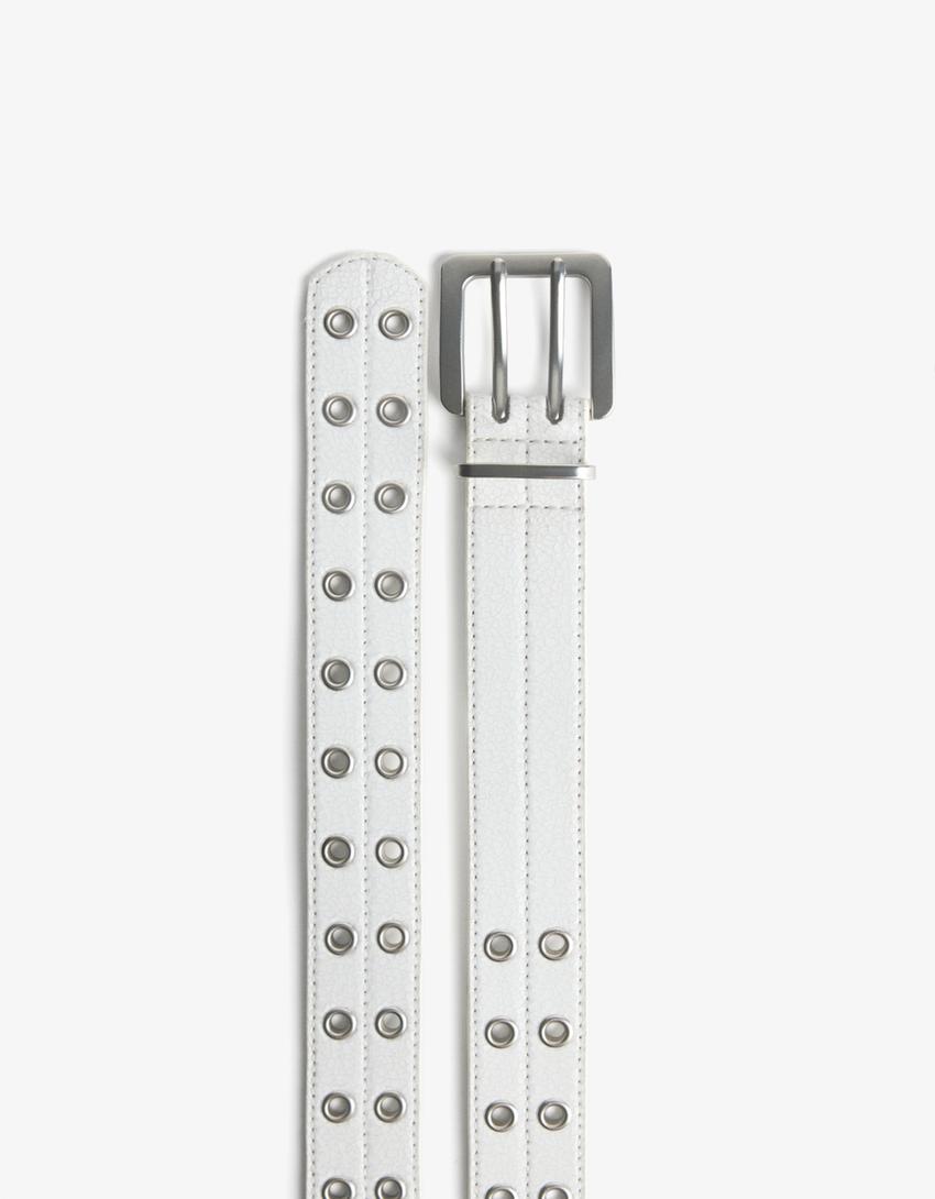 Faux leather belt with eyelets-White