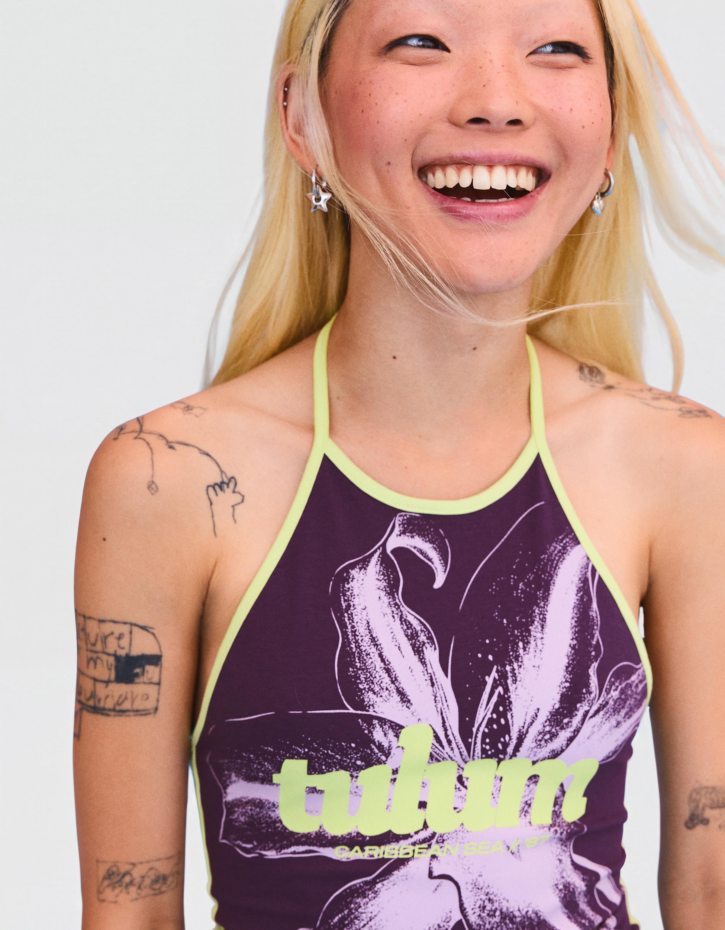 Contrast print halter top — Violet