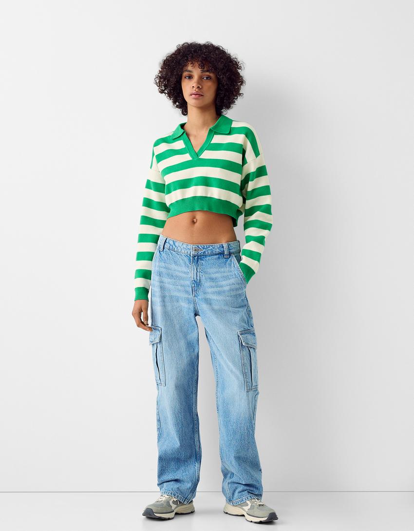 Polo collar sweater with stripes-Green-3