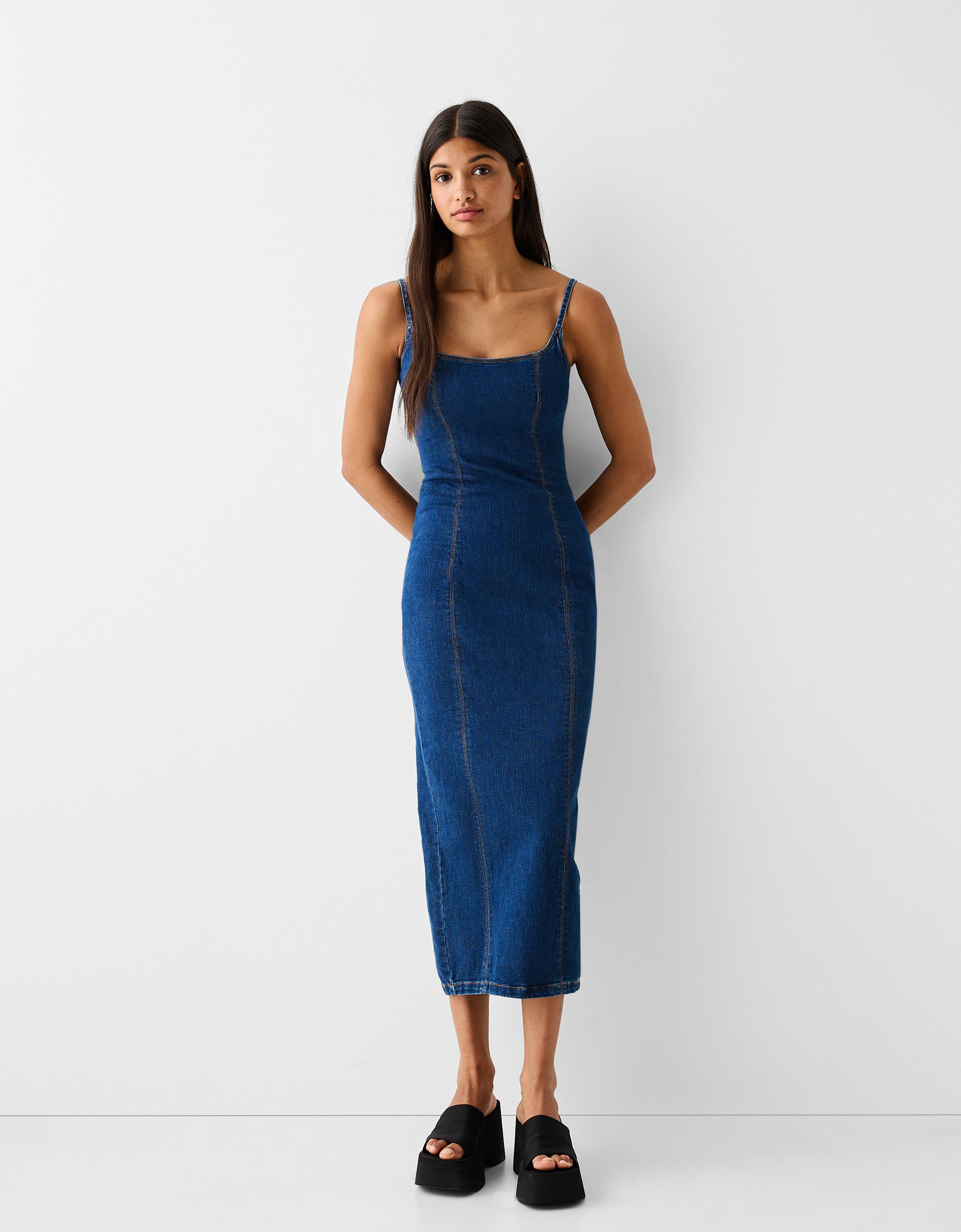 Robe longue denim bretelles Femme Bershka