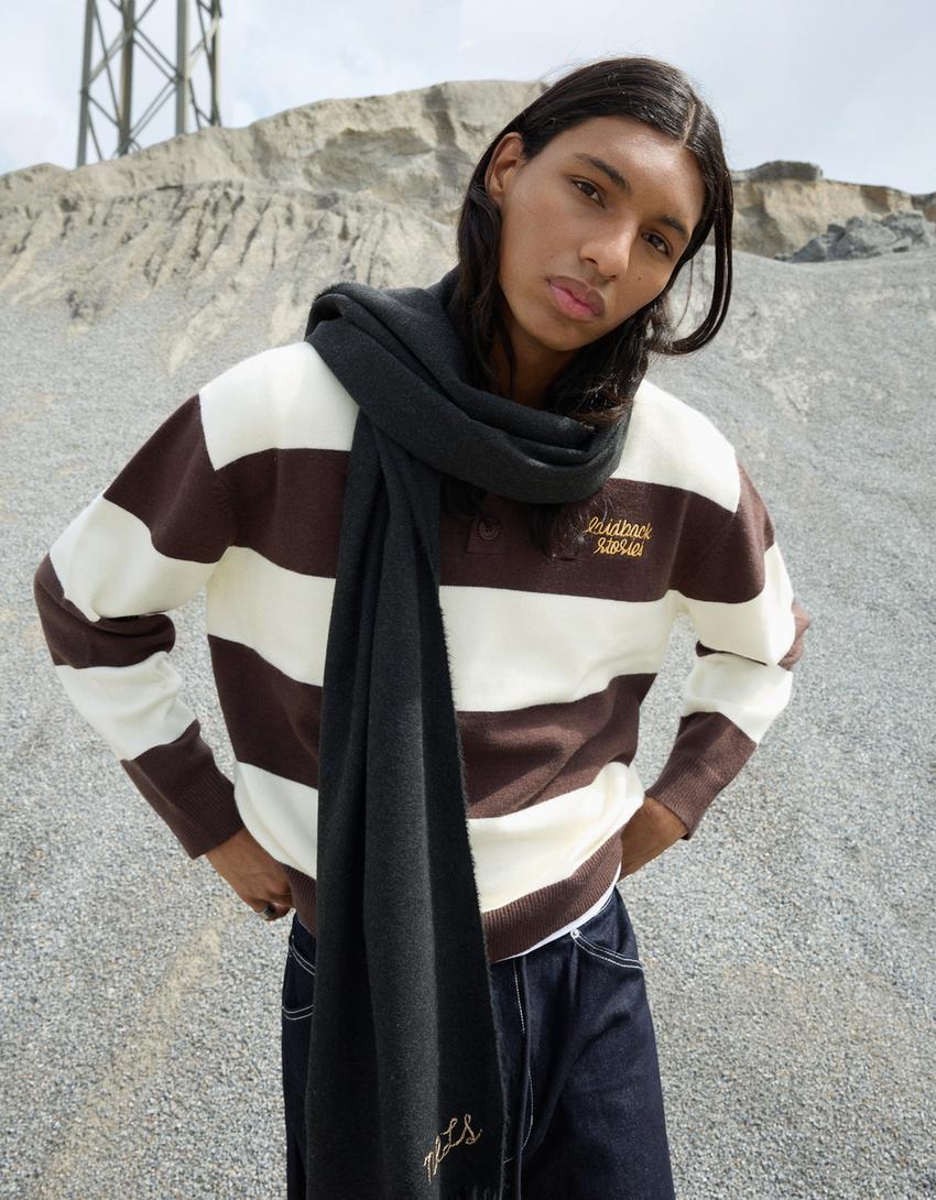 Polo collar sweater with stripes-Brown