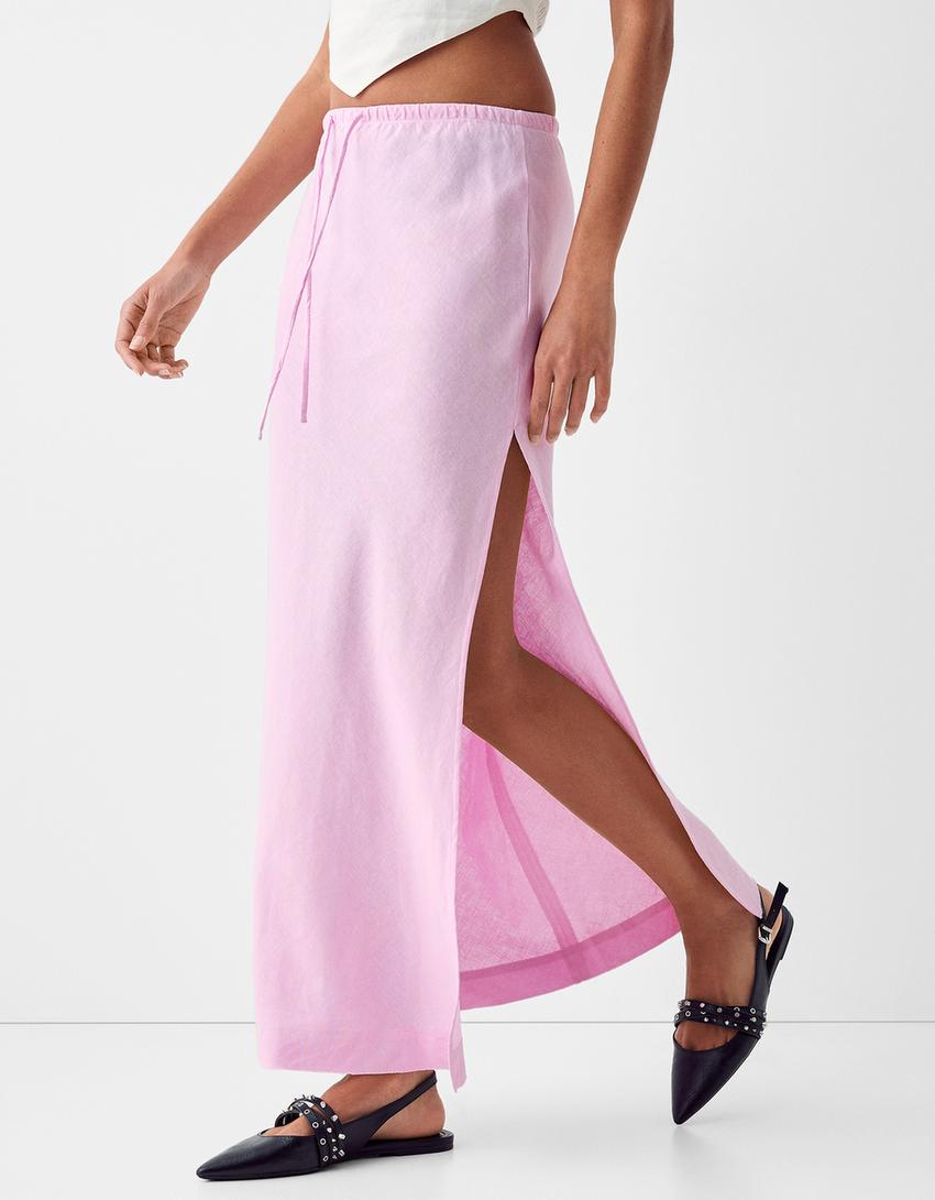 تنورة كتان متوسطة الطول-زهري-1