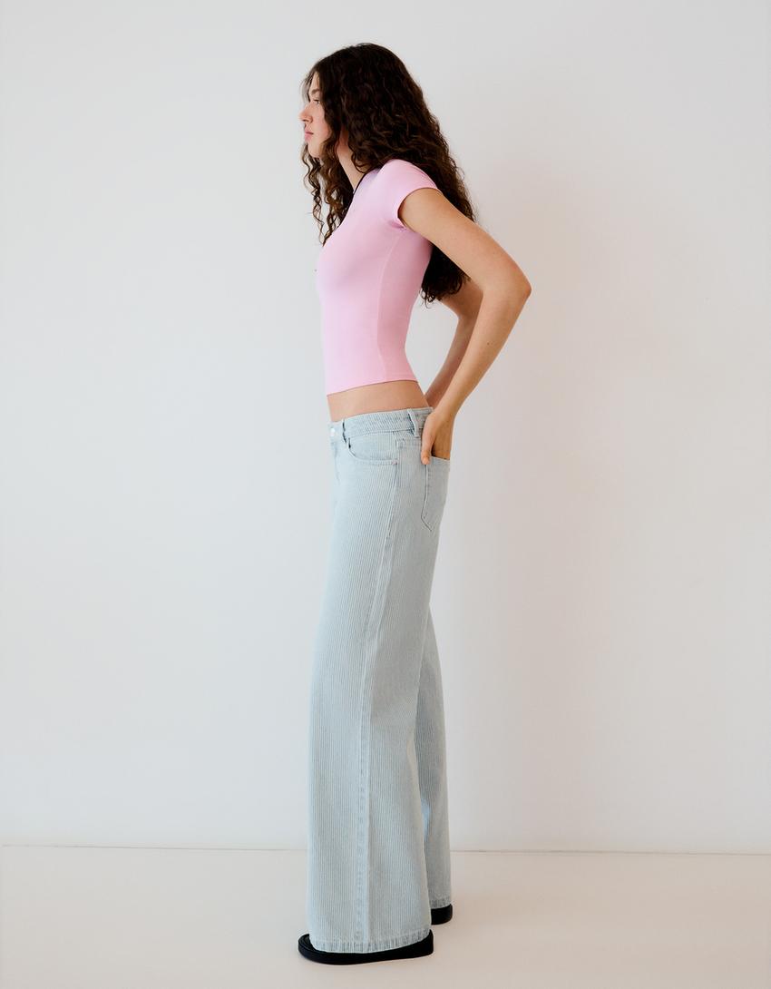 Ravne prugaste hlače-Isprana plava