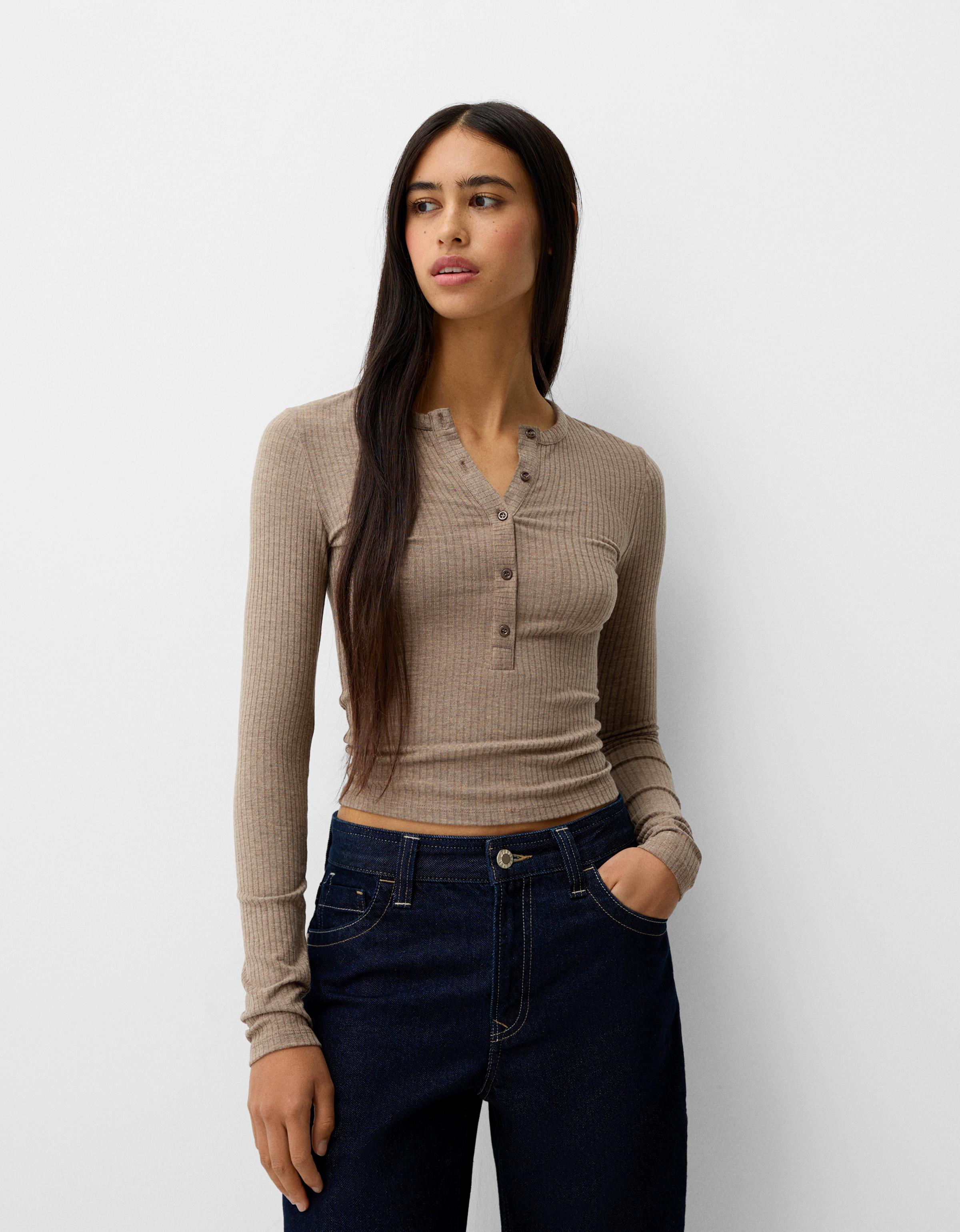 Bershka Pullover Mit Rippmuster Und Knöpfen Damen S Sandfarbe