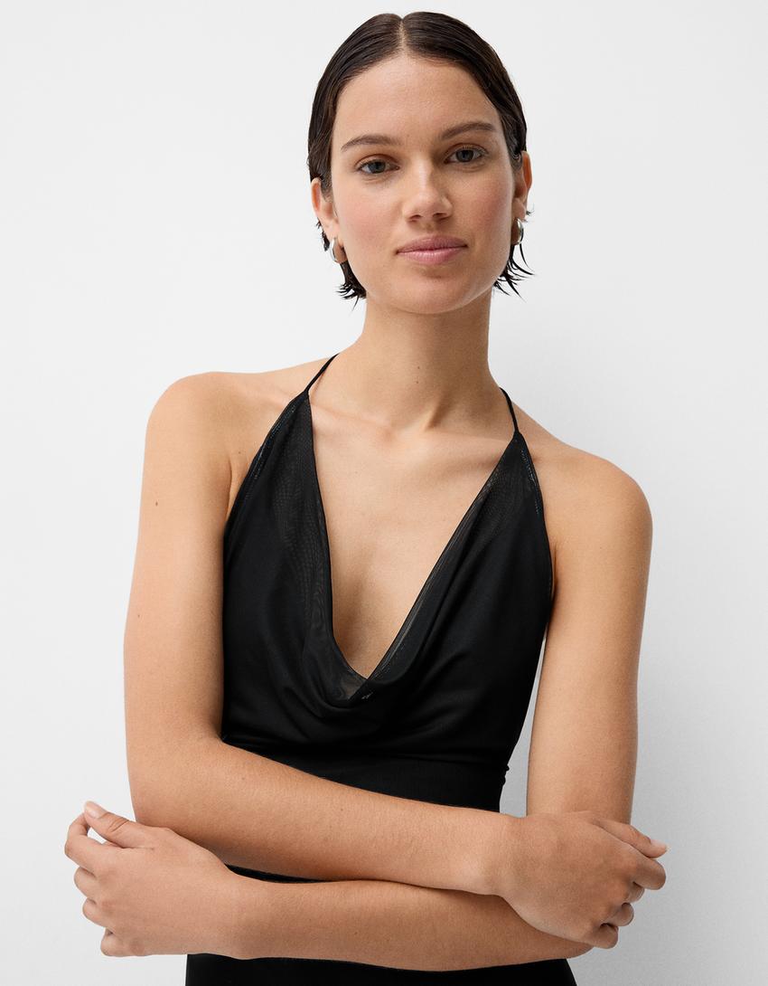 Vestido comprido com alças de tule-Preto-3