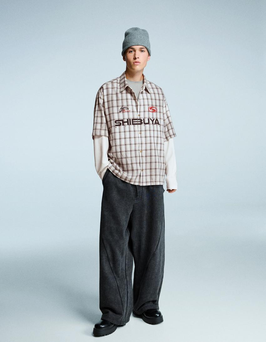 Camisa doble manga boxy cuadros-Gris